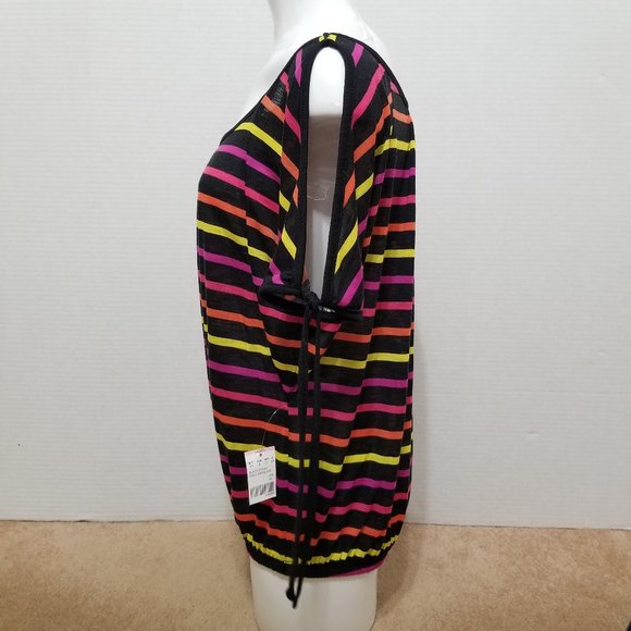 Mix & Co. top Medium NWT striped tie cuffs cold shoulder ruched neck elastic hem - Picture 2 of 11